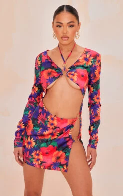 Multi Floral Print Long Sleeve Split Skirt Ring Detail Bodycon Dress