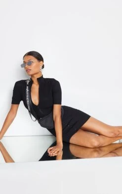 Black Zip Front Rib Short Sleeve Bodycon Dress -Women Clothing Shop ef65504fea531cf235e78c6e003519b6f669228b cmm5018 3