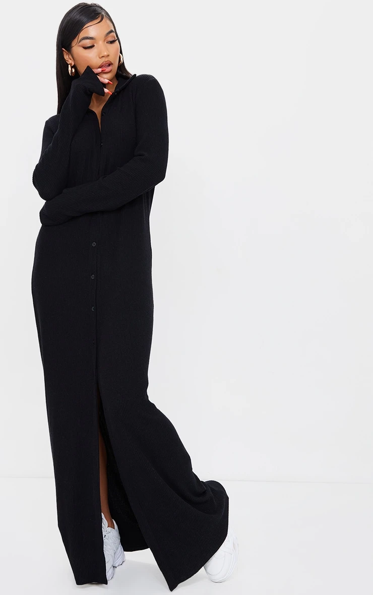 Black Button Up Collar Brushed Rib Detail Maxi Dress 3 Black Button Up Collar Brushed Rib Detail Maxi Dress