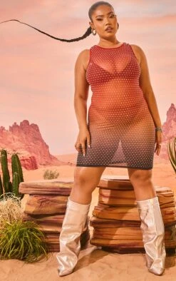 Plus Hot Orange Ombre Embellished Bodycon Dress