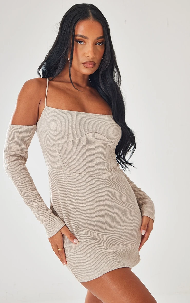 Oatmeal Ribbed Bardot Waist Detail Bodycon Dress 4 Oatmeal Ribbed Bardot Waist Detail Bodycon Dress - Image 2