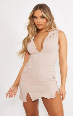 Sand Sleeveless Pocket Detail Plunge Neck Bodycon Dress