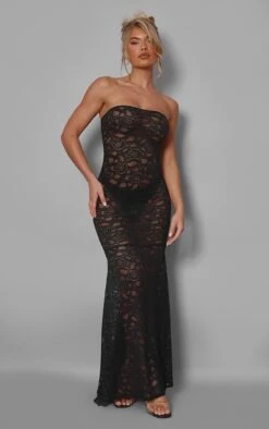 Black Sheer Lace Bandeau Maxi Dress