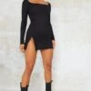 Black Rib Split Hem Square Neck Long Sleeve Bodycon Dress -Women Clothing Shop f9b03a70a17c9f81033201c236629fd900ec8fc9 cmt9397 4