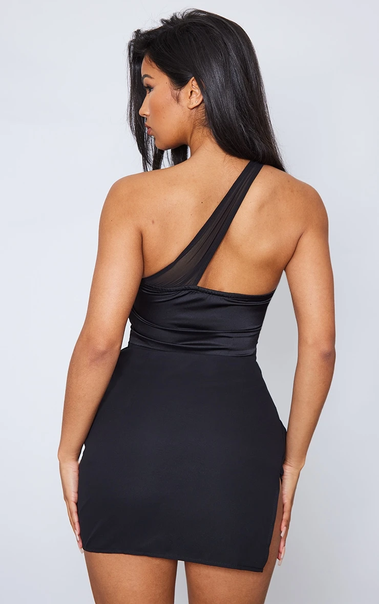 Black Satin Underwired Corset Mesh Strap Detail Bodycon Dress 4 Black Satin Underwired Corset Mesh Strap Detail Bodycon Dress - Image 2