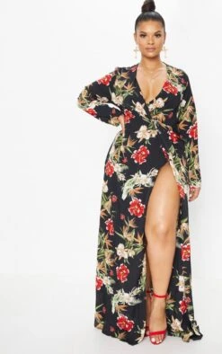 Plus Black Floral Twist Front Maxi Dress