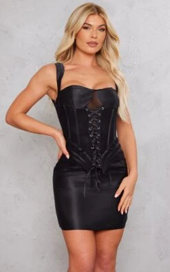 Black Satin Eyelet Lace Up Corset Detail Bodycon Dress