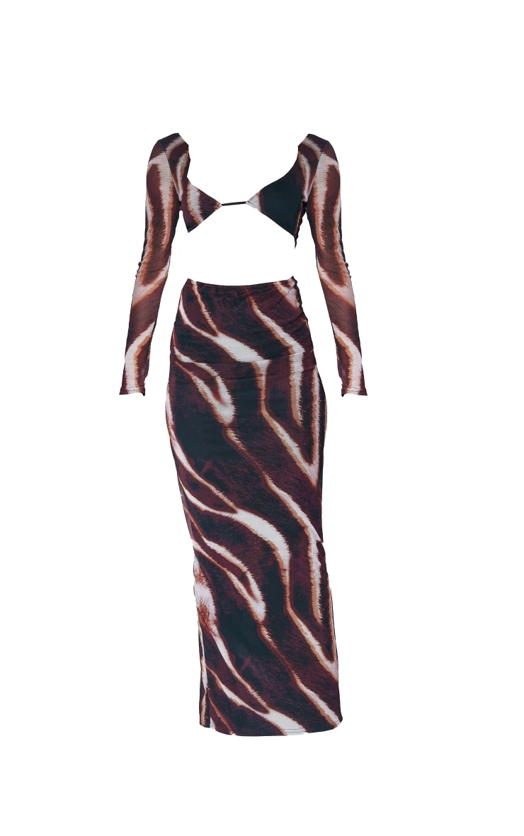 Brown Animal Print Mesh Cup Detail Long Sleeve Maxi Dress 7 Brown Animal Print Mesh Cup Detail Long Sleeve Maxi Dress - Image 5