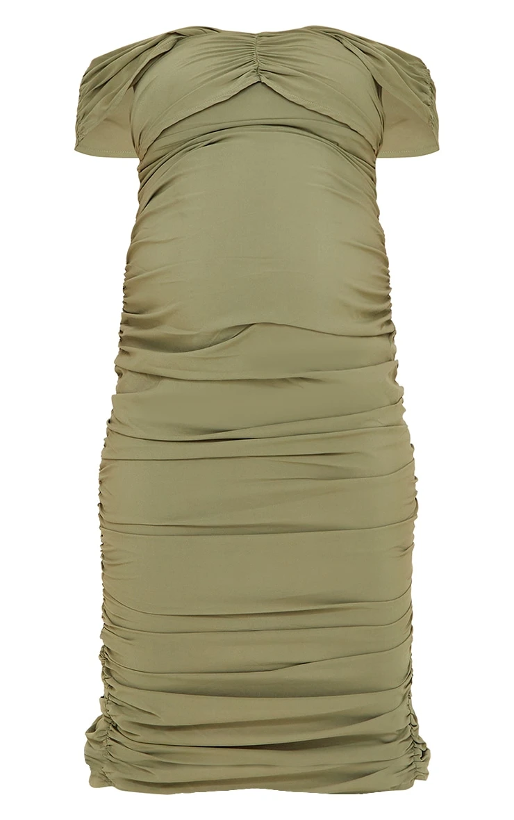 Maternity Green Bardot Ruched Midi Dress 7 Maternity Green Bardot Ruched Midi Dress - Image 5